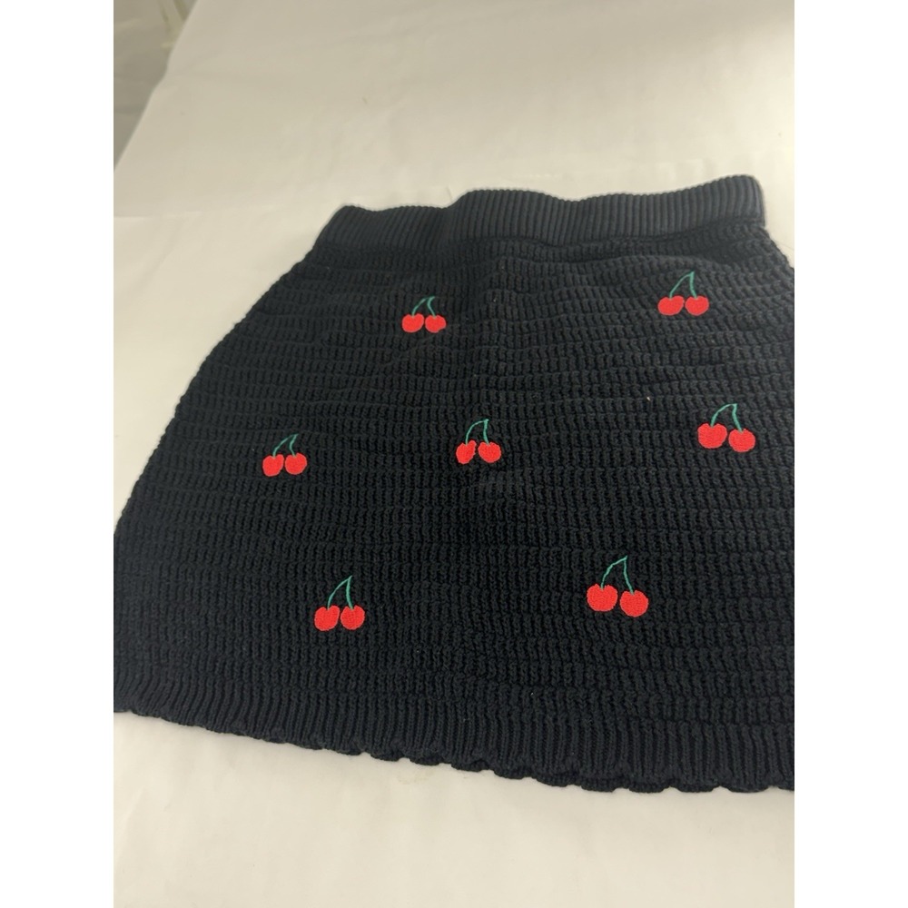 Wild Fable Black Crochet Knit Skirt Block With Embrodried Cherries